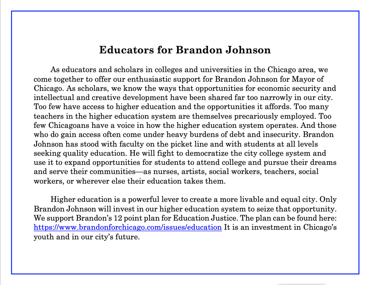 EToddBreland's tweet photo. Proud to stand with 150+ educators in higher education to support Brandon Johnson for Mayor. @Brandon4Chicago Full signed statement: https://t.co/Aek27eYPk6 https://t.co/0CQXQ8WO0e
