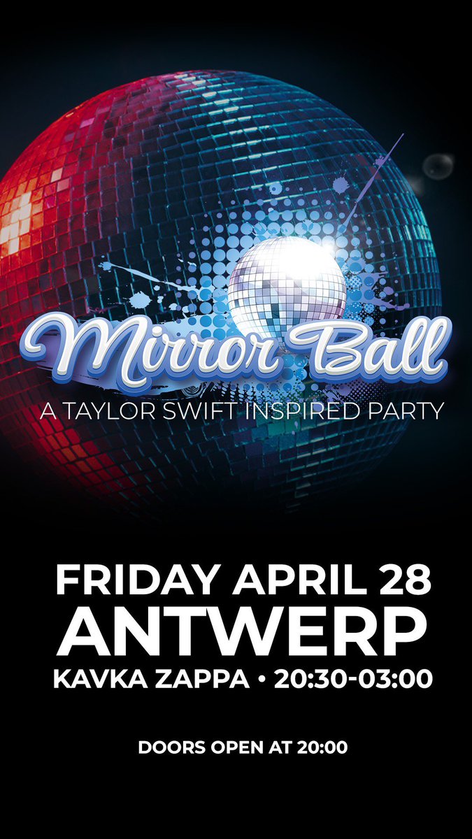 Mirrorball_be's tweet photo. In case you missed it yesterday, we're back with a new Mirror-Ball! Come shine and shimmer with us in Antwerp on Friday 28th of April! ✨Tag your Swifties crew in the comments!

🎟️ Tickets on sale Wednesday 29 March, 13:00
📍 Kavka Zappa, Antwerpen https://t.co/R6D9y3Na0B