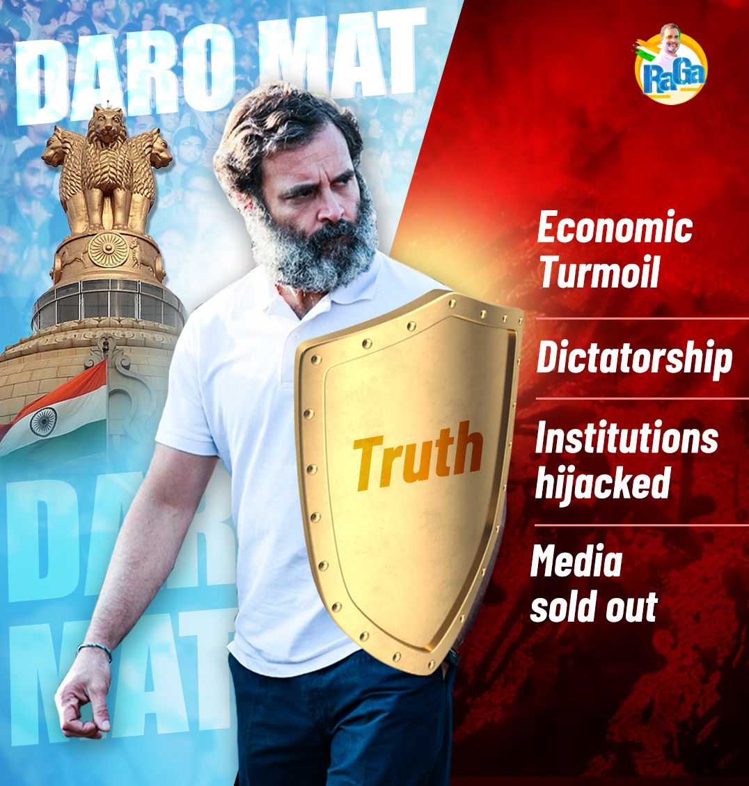 NerellaSobhan's tweet photo. Even when the country faces attacks from all corners one man walks fearlessly with the shield of Truth. 
His name is Rahul Gandhi 🔥✊
#NationStandsWithRahulGandhi
#WeStandWith_RahulGandhi 
@RahulGandhi @IYC @INCIndia https://t.co/2cxKSHPfA5