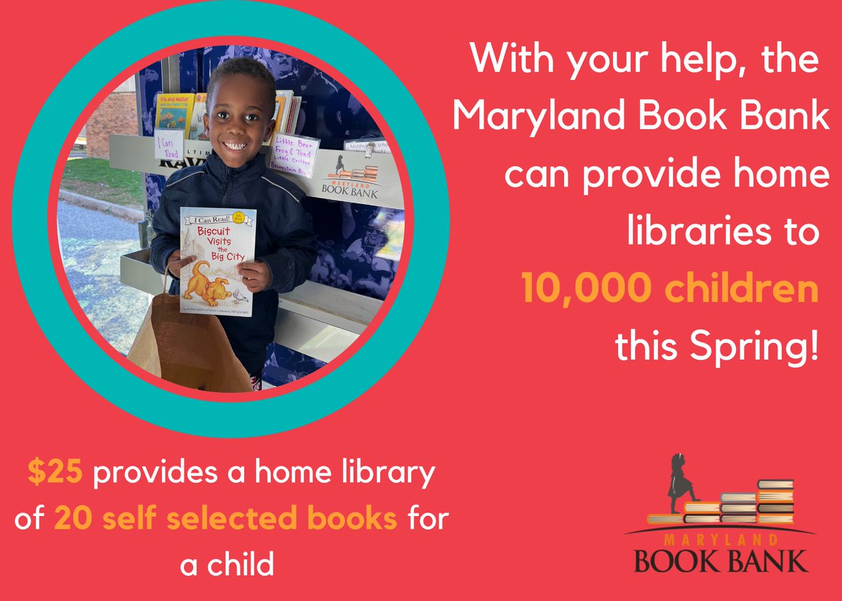 Our goals are big but our community is even bigger! ❤️

With your support, we will provide home libraries to 10,000 children this Spring!

Click the link in our bio or visit our website (mdbookbank.org) to learn how you can join us in supporting Maryland’s young readers.