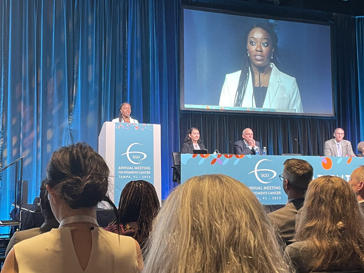 Dr Oluloro on the podium of the opening session of SGO. Assessment of Gynecologic cancer clinical trials by a new measure of equitable access: restrictive comorbidity criteria #sgo2023 awesome talk!