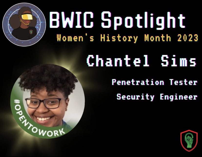 BlackInCyberCo1's tweet photo. π©πΎβπ»π Our BWIC Spotlight for today is Chantel Sims!
#BlacksInCyber #BlackInCyber #BWIC #BWICPanel #Cybersecurity #BlackWomenInCyber #WomenInCyber #BlackTechTwitter #BWIC_Spotlight https://t.co/vJiAT9AdKL
