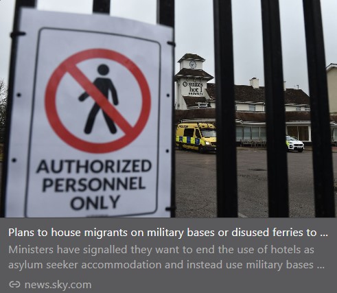 Plans to start moving migrants out of hotels and into military bases or even potentially disused ferries are expected to be announced by the government within weeks.
#UK #asylumchaos #hotels
news.sky.com/story/plans-to…
