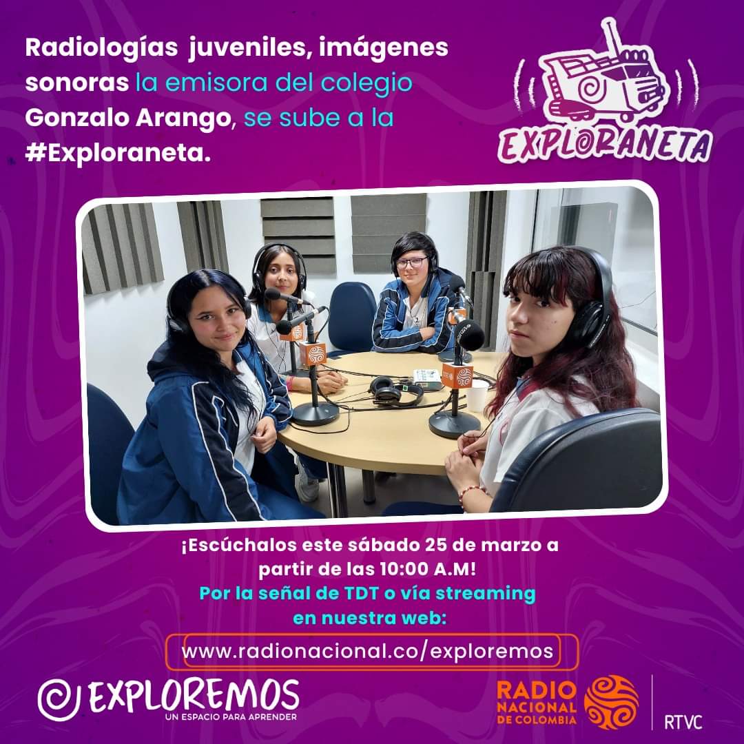 Gonzalo_Arango's tweet photo. 📢 Hoy sábado 2️⃣5️⃣ de marzo no se pierdan desde las 10 a m 🕙 la participación de estudiantes del programa RadiologÍas Juveniles en la señal 📡 de #Exploremos de @RTVCco en su programa #Exploraneta 📻

🔉🔊 Escúchelos por  https://t.co/R1wyUV2oaq o la señal abierta de TDT 📺 https://t.co/4p8VTwWsiX