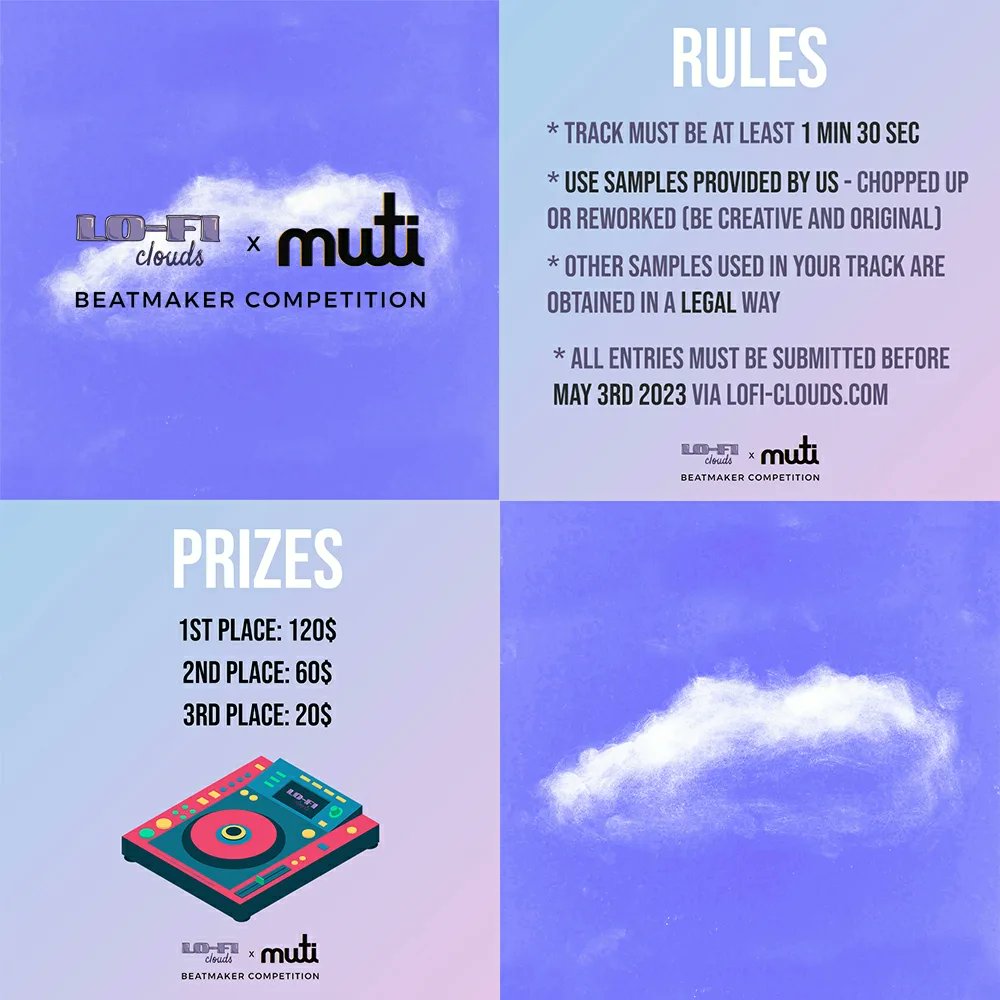 The 3rd and final round of our beatmaker competition with <a href="/CollectiveMuti/">muti.collective</a> is well underway 🎛️ ☁️

Samples provided by <a href="/bmyshadow/">Bmyshadow_ music</a> 🎶 
Deadline: May 3rd 2023 - midnight GMT

Please check lofi-clouds.com/lfc-x-muti for more info, sample pack &amp; submission form.

G'luck ‼️