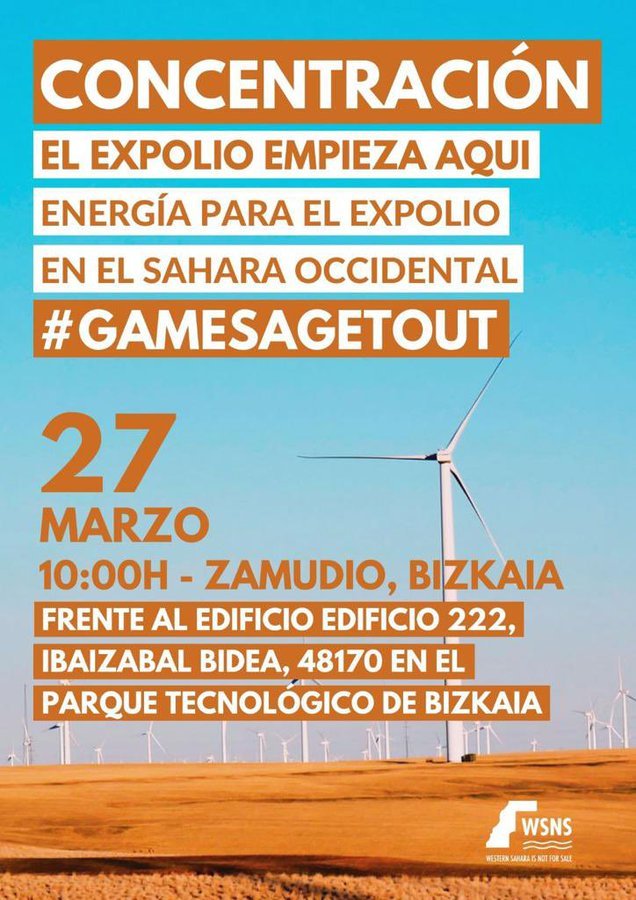 wsrwDE's tweet photo. Am 27. März findet in Zamudio/Baskenland die Hauptversammlung von @SiemensGamesa statt, das mit seinen Windrädern #Marokko|s illegale Besatzung der #Westsahara unterstützt. @wsrw ist dabei mit einem Redebeitrag, draußen wird es eine Protestkundgebung geben 👇👇#GamesaGetOut https://t.co/1BmgGZvfWF