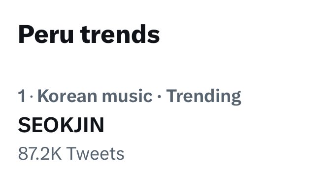SeokjinPeru's tweet photo. 📈 SEOKJIN es ahora tendencia #1 en Perú 🇵🇪 💜

Todo ARMY de Peru llorando porque vimos a Jin y a BTS reunidos de nuevo 🥹 @BTS_twt #JIN https://t.co/TZFLKkoUmN