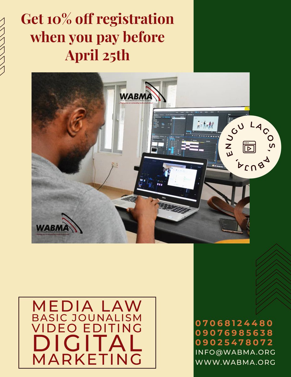 <a href="/ruffydfire/">oseni rufai</a> Are you interested in #media courses like #videoediting or #photograghy Register by visiting wabma.org to enrol at any of our locations (Abuja, Enugu &amp; Lagos). ☎️ / WhatsApp 09025478072 or 09076985638 for more info. #communicationskills <a href="/wabmaonline/">West Africa Broadcast & Media Academy -WABMA</a> #2023courses