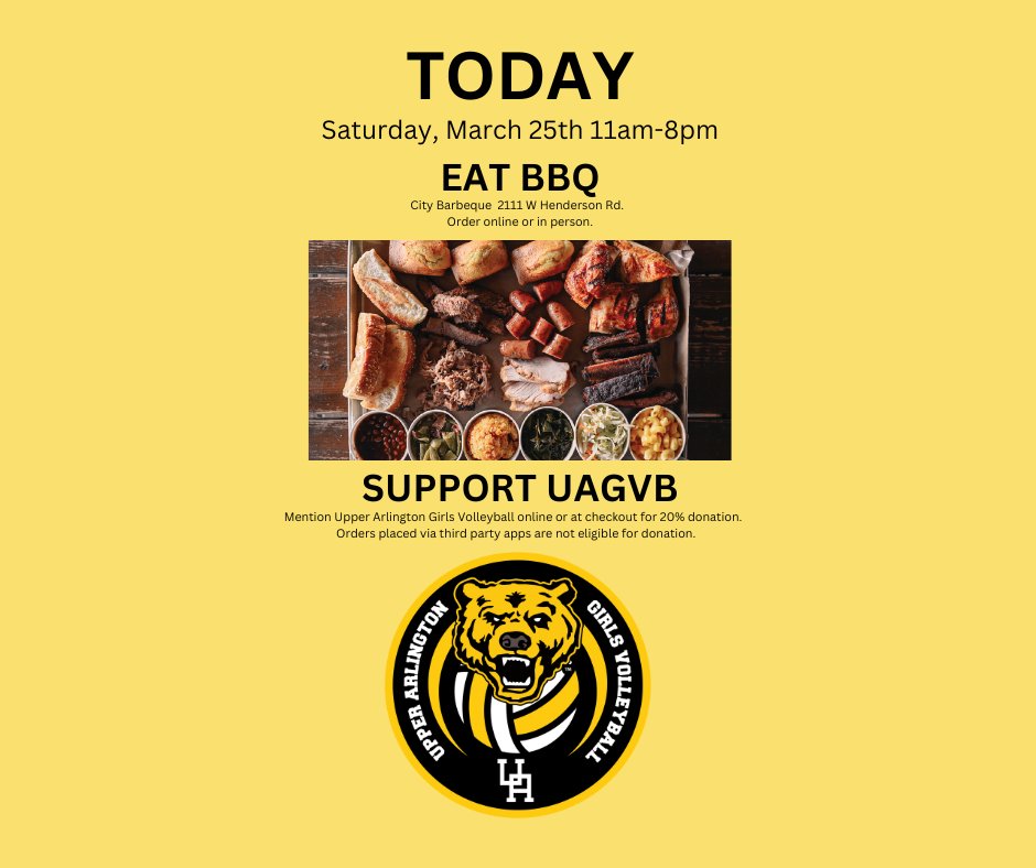 It's happening today! Enjoy a meal from City Barbeque at 2111 W Henderson Rd from 11:00am to 8:00pm to support Upper Arlington Girls Volleyball! The restaurant is donating 20% of your meal/drink to the UAGVB!  Mention UA Girls Volleyball at time of order in person or online.
