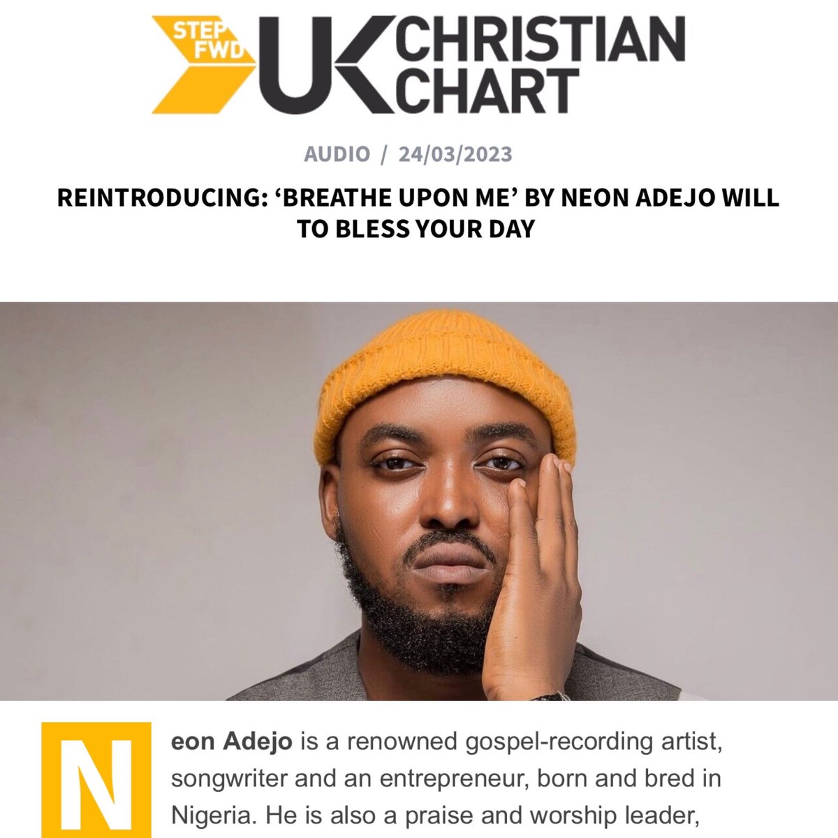 ShoggzPR's tweet photo. When mercy says yes, grace says yes too!
Thank you @AStepFWD & @Olaedomusic for featuring @NeonAdejo on your prestigious platform. We deeply appreciate you.
Read full article: https://t.co/S04nQgWMqw
๐ by @ShoggzPR
#AStepFWD #UKChristianChart #NeonAdejo #BreatheOnMe #ShoggzPR https://t.co/CuACmwZsdZ