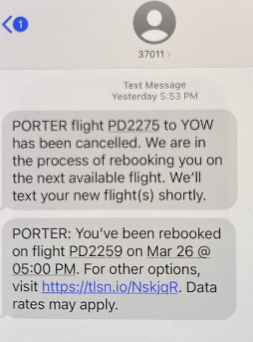 LoriKilmartin's tweet photo. First and last flight with @porterairlines for DH. Finally - 12 hours late and a day later! At gate yesterday - ready to board  received text saying flight cancelled and rebooked for Sunday?? Finally made it to Toronto and overnight at a hotel and just got home. https://t.co/R7KpdHTKwX
