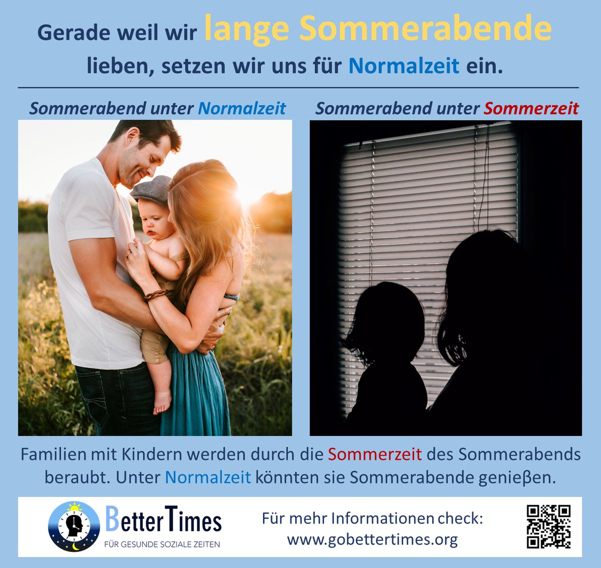 Lange Sommerabende durch #Sommerzeit? Diese Sichtweise ignoriert die tägliche Realität vieler Berufstätiger/#Families mit #Kinder n. Wer früh raus muss, sieht durch Sommerzeit statt Sommerabend nur ein Rolo. Unter Normalzeit könnten sie später zu Bett und den Sommerabend erleben.