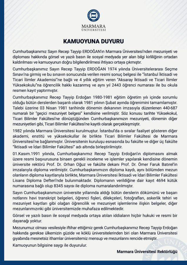 Erdoğan'ın diploması ile ilgili Marmara Üniversitesi geçici mezuniyet belgesinin numarasını 440-687 olarak açıklarken, Fahrettin Altun'un paylaştığı belgede bu numaranın 410-677 olduğu anlaşılalı birkaç saat oldu. Tel tel dökülüyor