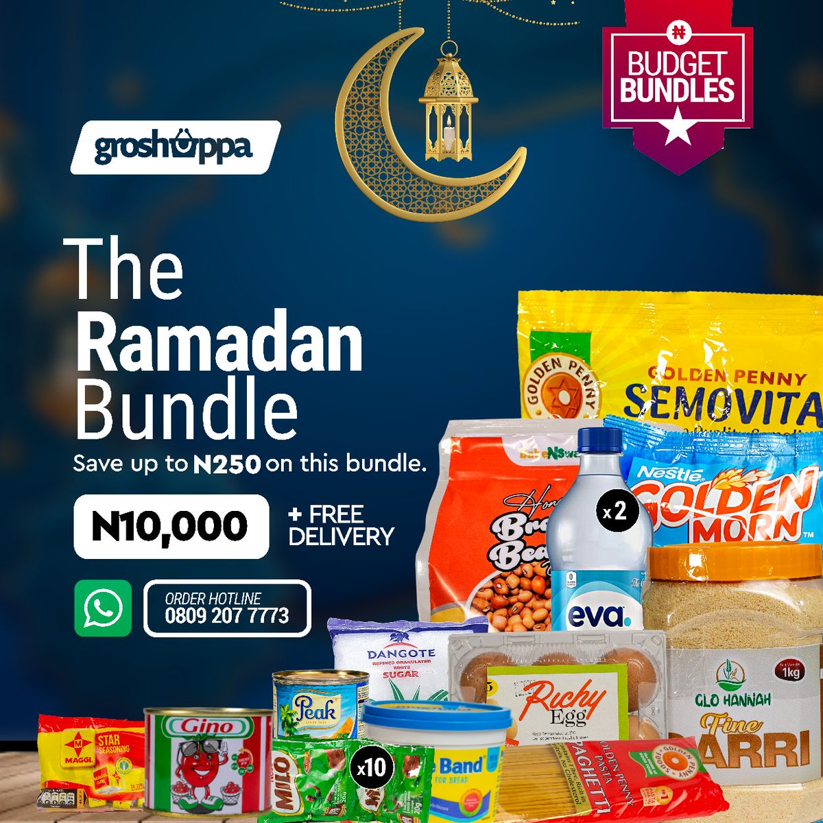 mygroshoppa's tweet photo. Ramadan Mubarak to our Muslim shoppers 🌙✨

Celebrate the holy month with Groshoppa's special Ramadan bundles.

Order now on 

WhatsApp Bundles store: 08092077773
 https://t.co/SWCjf0yNLe

And enjoy FREE delivery this weekend.

#FreshToYourDoor
#RamadanBundles #GroceryDelivery https://t.co/5jFPW6EHPc