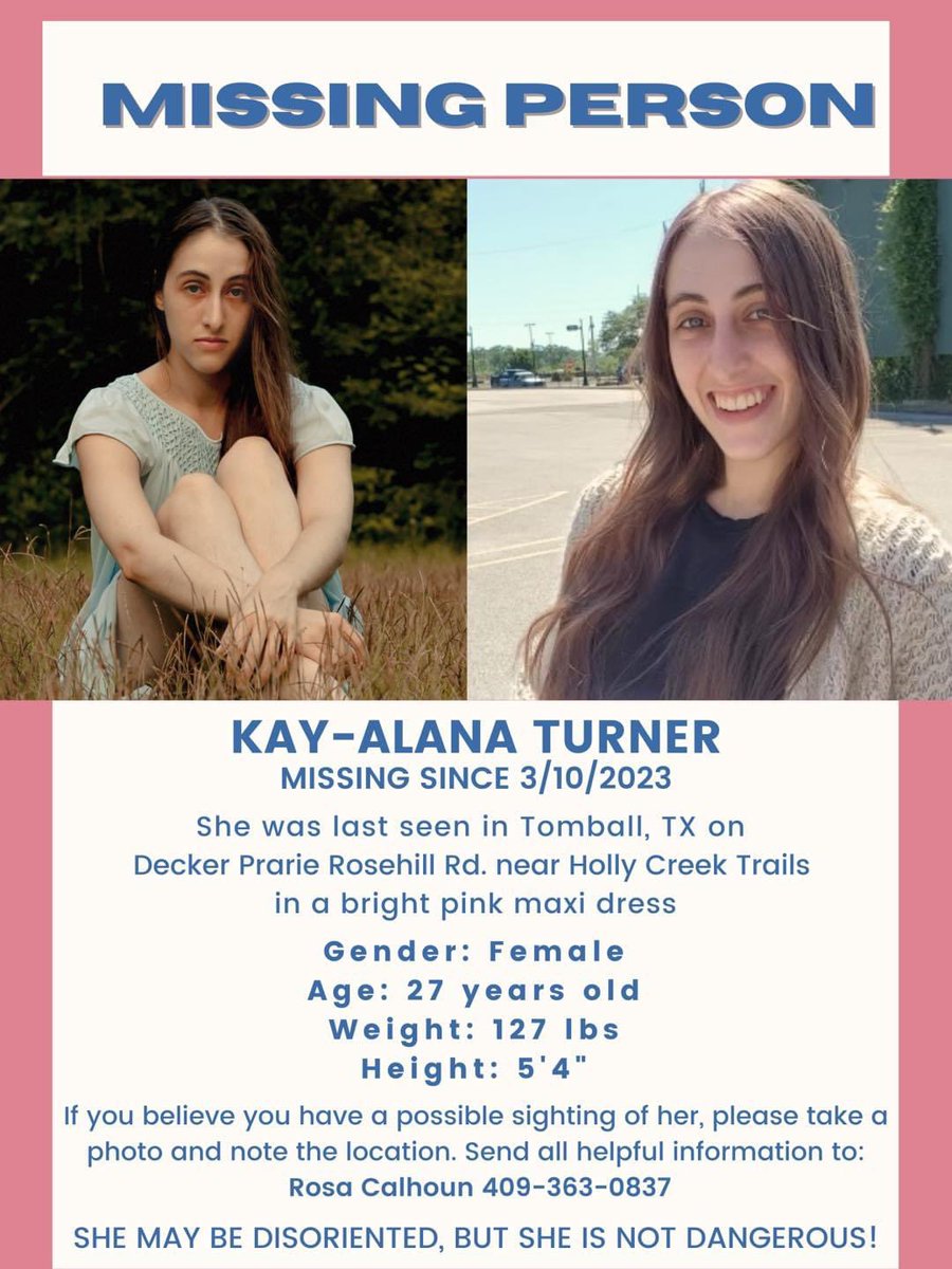 missingNamerica's tweet image. Kay-Alana Turner is officially a missing person and there was a possible sighting on 3/22/23 in Magnolia, TX. Please keep sharing her flyers and photos to find her! #LetsFindKay #KayAlanaTurner