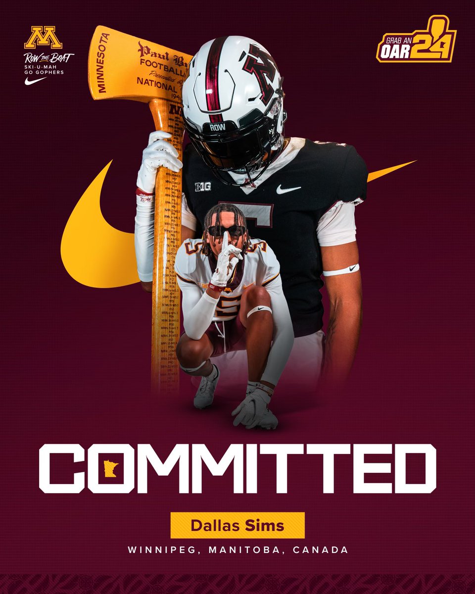 dallassims12's tweet photo. After a great unofficial visit at @GopherFootball I’m extremely excited to announce I’m 110% committed to the university of Minnesota!!! @Coach_Fleck @CoachMGSimon @CoachJesse18 @CoachMeyerCAI @RWrightRivals @Andrew_Ivins @ChadSimmons_ @RyanBurnsMN @JohnGarcia_Jr #SkiUMah #rrfam https://t.co/vBKQGIFHUa