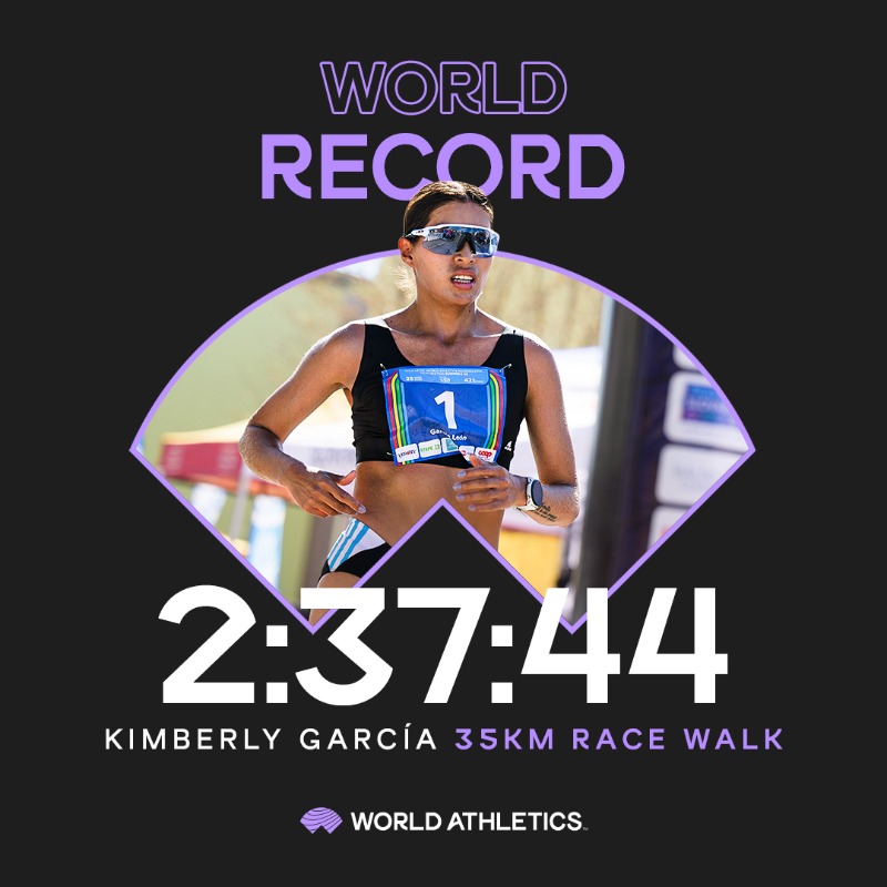 WorldAthletics's tweet photo. WORLD RECORD ALERT ❗️

Kimberly Garcia 🇵🇪 breaks the 35km race walk world record with 2:37:44 at the Dudinska 50 #RaceWalkingTour Gold