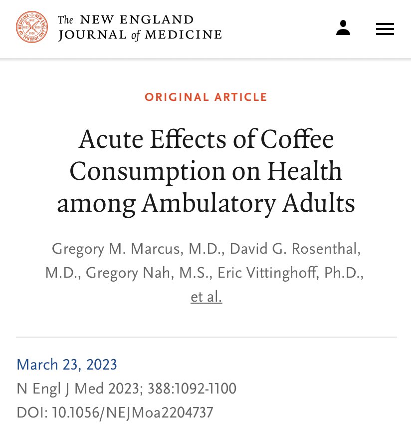 New on the <a href="/NEJM/">NEJM</a> coffee effects on young adults (avg age was 39). Less sleep 💤 and more premature ventricular contractions! But coffee drinkers took more daily steps 🏃🏻‍♂️🏃🏽‍♀️.More and more common to use cellphone gps data for research. nejm.org/doi/full/10.10…