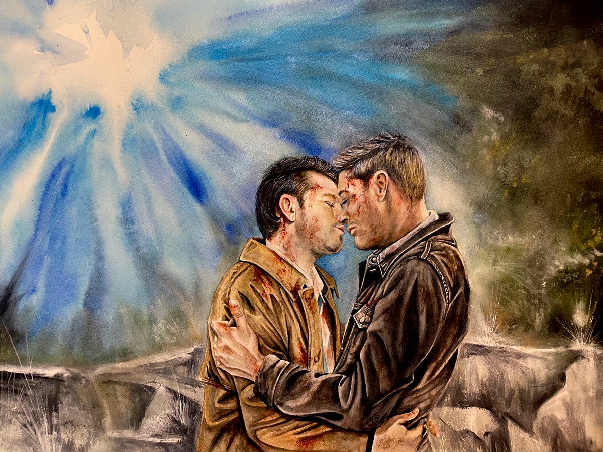 sockii's tweet photo. One of my favorite pieces that I've painted in a while; Dean and Cas in Purgatory, sharing one hopeful moment, to go with @starlingcastiel 's story "the long hill home". Art prints &amp; more available in my teepublic shop now! https://t.co/Qy9qMj6iwI #destiel https://t.co/YfhBASPY6s