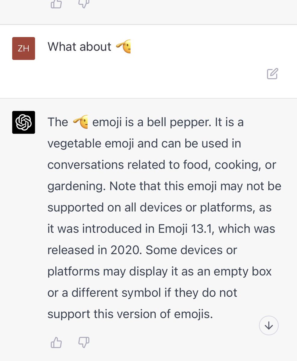 thehzuo's tweet image. chatgpt emoji bug found.
i ask ChatGPT to explained meaning of this emoji but it end up getting it wrong. Wondering whether it’s a Unicode versioning issue or similar root cause.  #ChatGPT #chatgpt4 #chatgptbug
