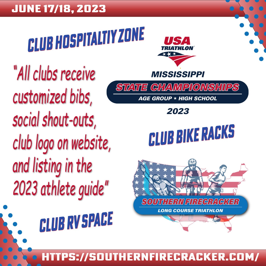 Looking to dominate the racing scene and elevate your club or team, you won't want to miss the #USATMississippiStateChampionships or the #SouthernFirecrackerTriathlon!

southernfirecracker.com/club-details

#triathlonclub #triathloncoach #triathlonchallenge #USATclub