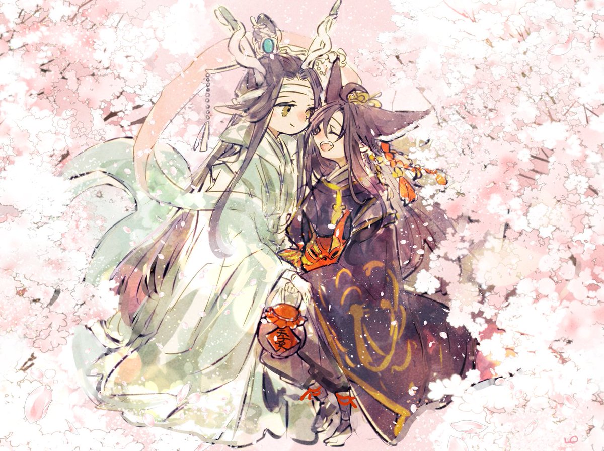 long hair cherry blossoms smile wide sleeves closed eyes pointy ears multiple boys  illustration images