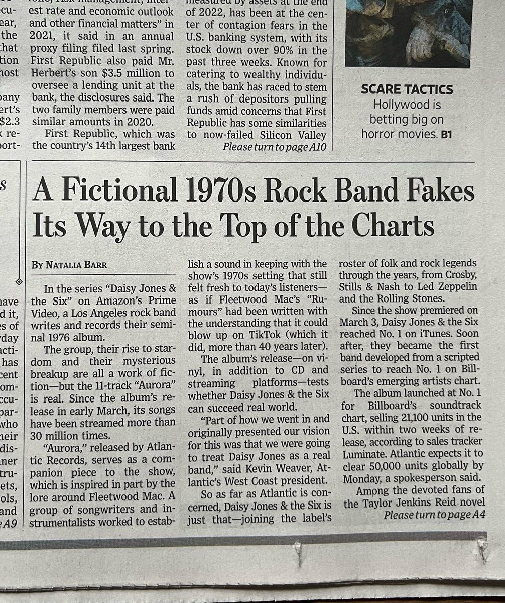 nataliabarr_'s tweet photo. My story on Daisy Jones &amp; the Six is on the front page today! It’s my first time in print @WSJ , let alone on page one! Shout out to Daisy Jones and Billy Dunne for being real ❤️ https://t.co/Sga3tu97xm