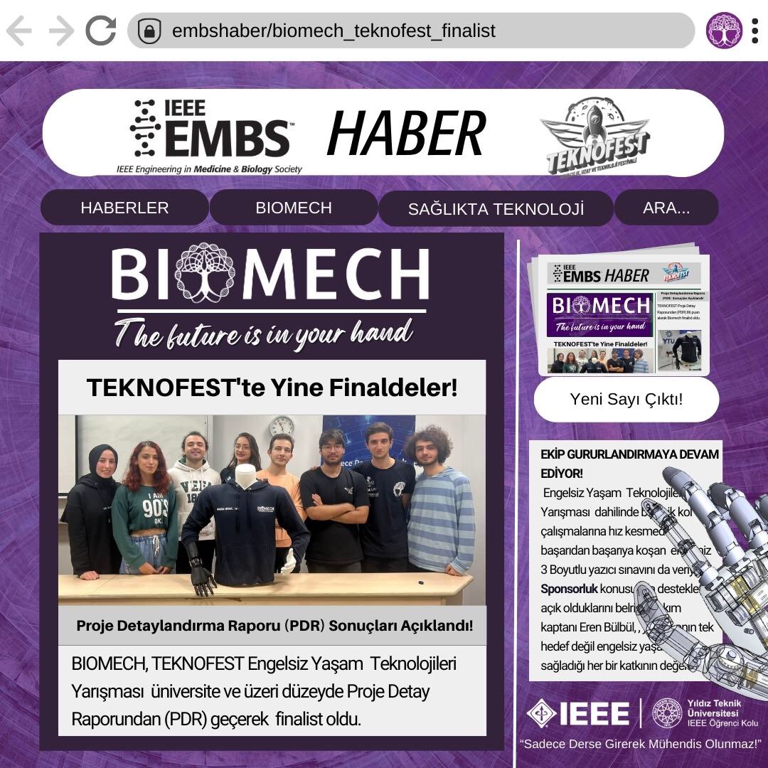 BIOMECH bu yıl da #Teknofest finalinde yerini aldı! 🦾
“Engelsiz Yaşam Teknolojileri” kategorisinde #biyonikkol üreten teknik takımımızla Proje Detay Raporu aşamasından da başarıyla çıktık ve finallerde yarışmaya hak kazandık. Tüm ekip üyelerimizi kutlarız 🎉

#teknofest2023🚀