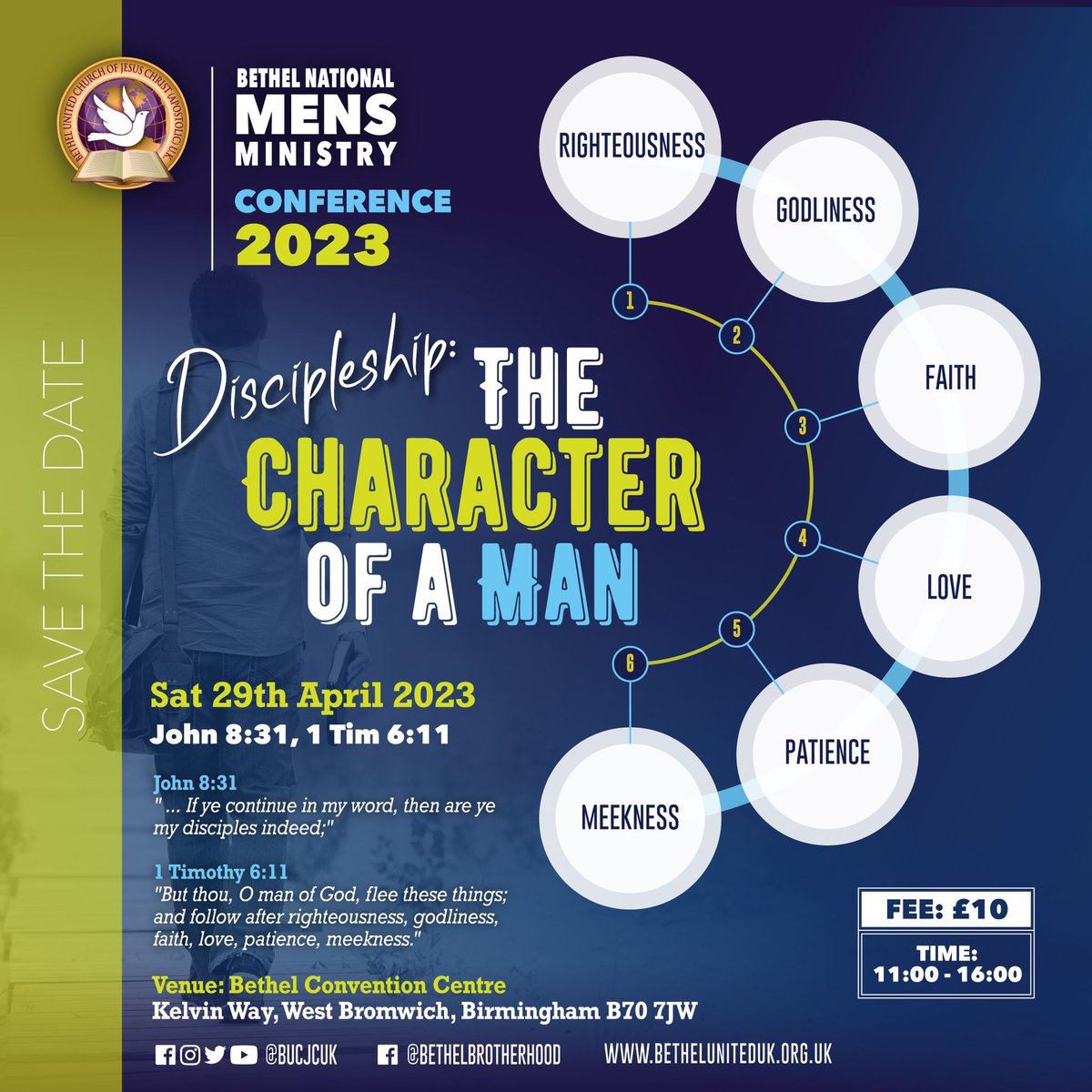 bucjcuk's tweet photo. Bethel National Brotherhood
Sat 29th April 2023

Theme: Discipleship: THE CHARACTER OF A MAN

Bethel Convention Centre
Kelvin Way, West Bromwich, Birmingham B70 ZJW

11am - 4pm

Fee: £10
Food provided at cost

https://t.co/j9LYLjf0CX
#BETHELMEN
#BethelUK
#BethelNation https://t.co/3qKCvIS4DF