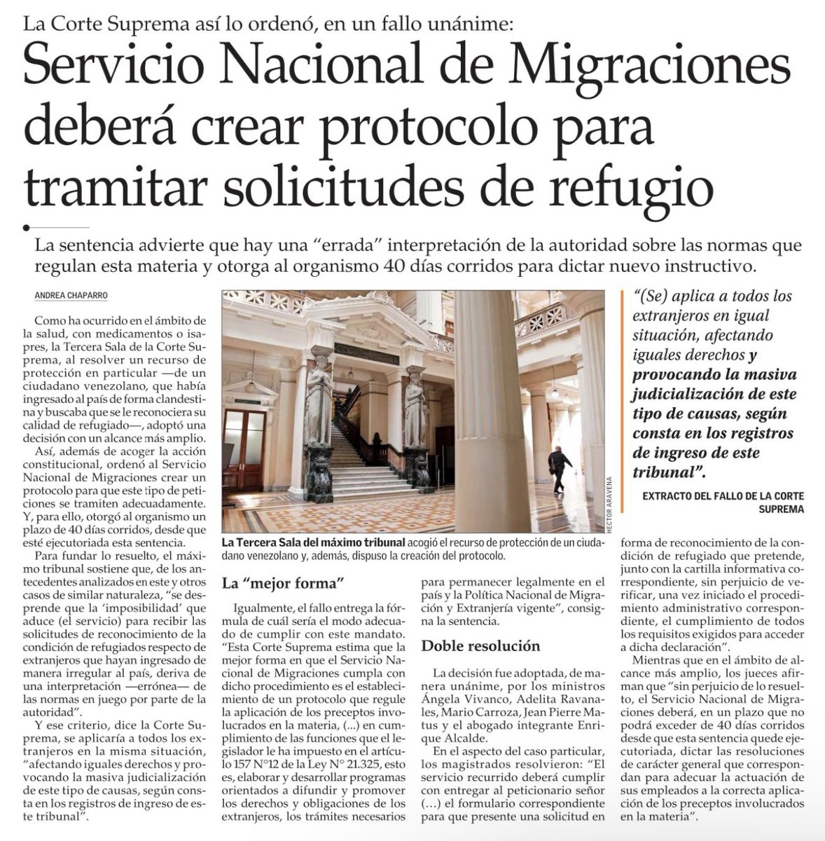 Servicio Nacional de Migraciones deberá crear protocolo para tramitar solicitudes de refugio (vía El Mercurio)