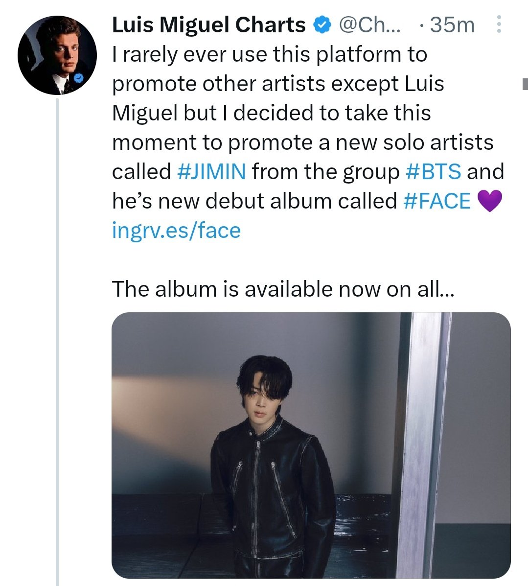 JIMINNFLIRTY's tweet photo. Cosas random que nunca pensé que llegarían a pasar una fanbese de Luis Miguel apoyando el álbum de Jimin 🧎🏻‍♀️ https://t.co/Z1ssFxZdbS