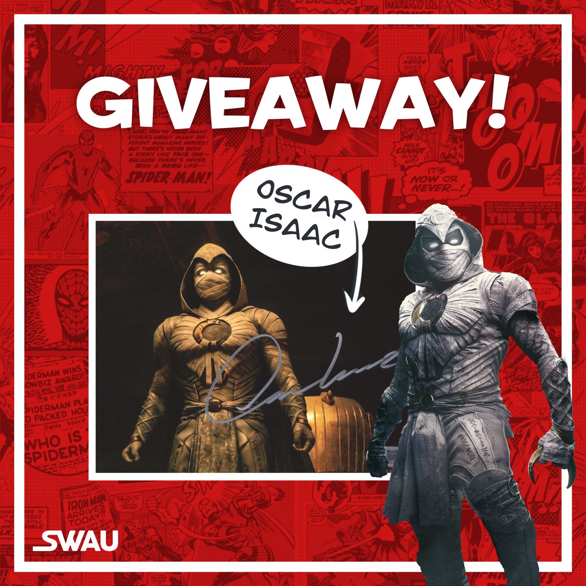 swau_official's tweet image. NEW giveaway! Up for grabs is a Moon Knight photo signed by Oscar Isaac!

To enter:

- Follow @swau_official 
- Like &amp;amp; RT
- Tag one friend PER COMMENT for extra entries

Winner will be announced next week. Good luck!

#swau #moonknight #oscarisaac #marcspector #stevengrant