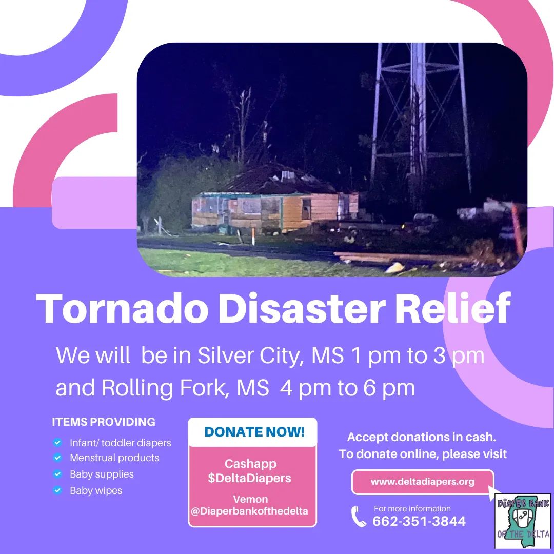 cjpalway's tweet photo. #diaperbankonthemove will be on site in Silver City and Rolling Fork today to assist families with some basic need items. Silver City, MS from 1 pm to 3 pm and Rolling Fork, MS 4 pm to 6 pm. Please continue to pray for the families and communities as they clean up and recover. https://t.co/xjFnAi2bm8