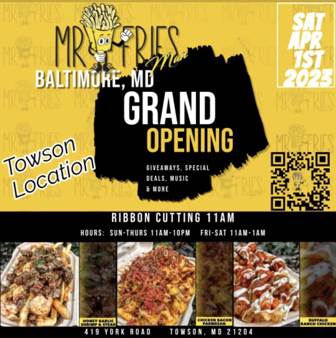 mrfriesman1's tweet photo. 🚨 Save the date April 1st 🚨 GRAND OPENING 🎉🎉🎉
.
#mrfriesman #mrbeast #fries #bmore #dmvfood #maryland #towson #grandopening #yummy #delicious #frenchfries #loadedfries #gourmetfries #baltimore #baltimoreravens #loadedfood #takeoutfood https://t.co/qxPts4kLhU
