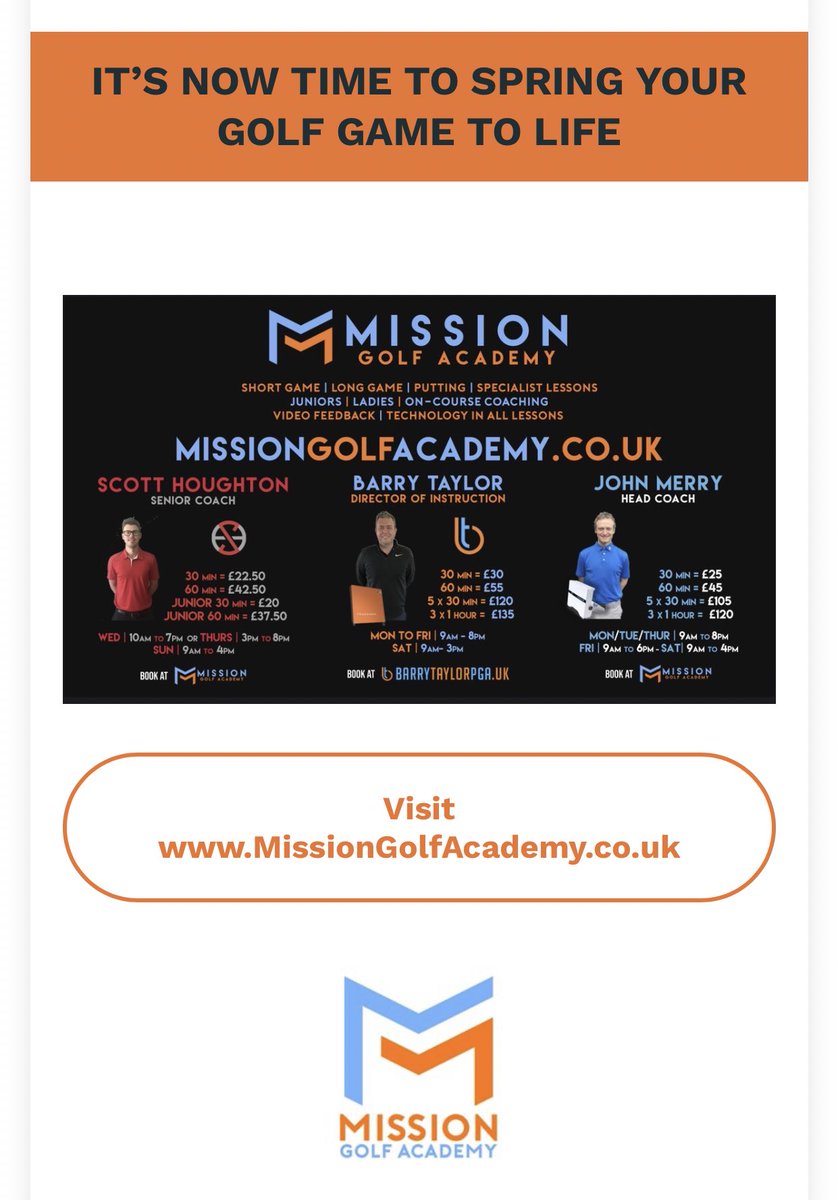 Over 100 hours of lesson times available per week 🏌️‍♂️

Book lessons with our coaches online at missiongolfacademy.co.uk

<a href="/ClarkesGolf/">Clarkes Golf Centre</a> <a href="/ClarkesFitting/">ClarkesCustomFitting</a> <a href="/BarryTaylorPGA/">Barry Taylor PGA</a> <a href="/johnmerry30/">John Merry Golf</a> <a href="/scotth_PGA/">Scott Houghton PGA</a> 

#golf #golflessons #sthelens #liverpool