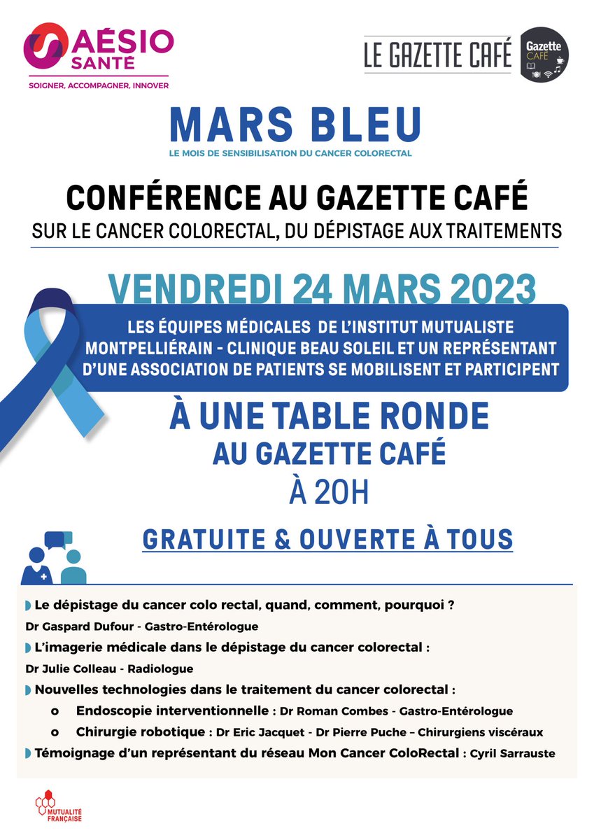CSarrauste's tweet image. Ce vendredi 24/03 pour #MarsBleu #ECCAM2023 @reseauKcolorect était en conférence live à @GazetteLive34 avec @RadioAviva34 et @AesioSante #CliniqueBeauSoleil pour parler dépistage du #Cancer  #Colorectal - Bientôt le replay !
 🙏Merci pour l&apos;invitation !