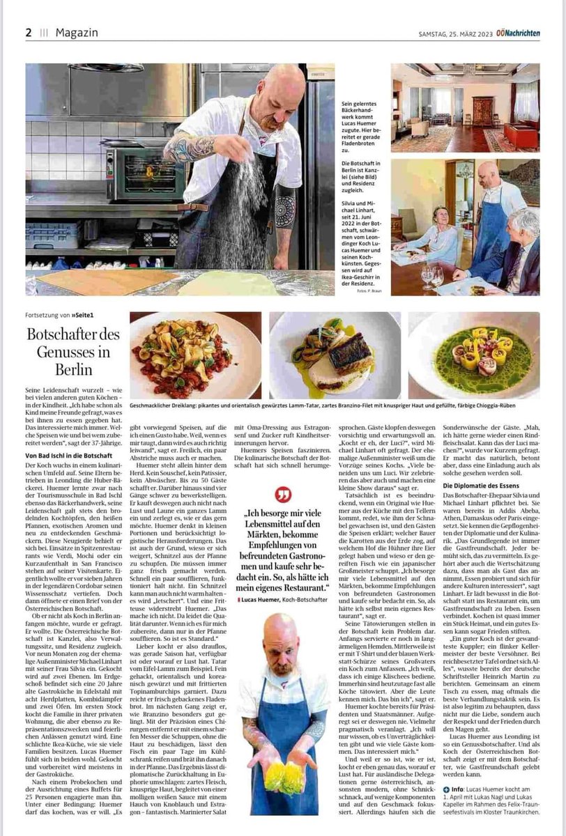 AustriainDE's tweet photo. Unser Botschaftskoch Lucas Huemer bleibt in aller Munde, diesmal in den @nachrichten_at 👨🍳🔪💫
#kulinarik #küchenchef #kochen #Genussbotschaft #gastfreundschaft #oesterreichischerbotschafterberlin #oesterreichischebotschaftberlin https://t.co/ocuzyrihQz