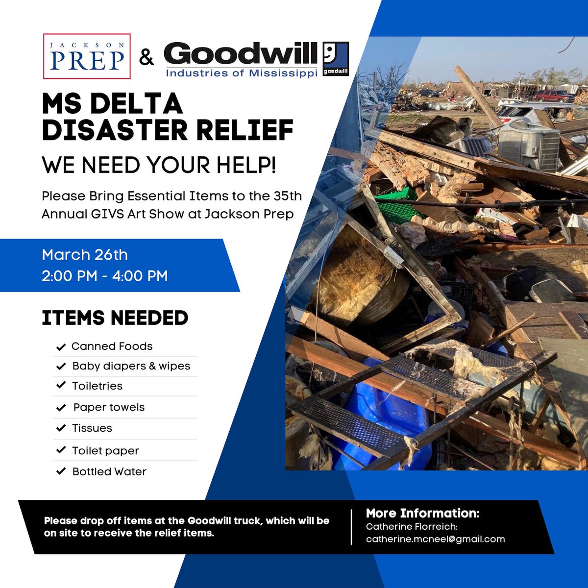 cflorreich's tweet photo. Disaster Relief Collection tomorrow @jacksonprep during the @GoodwillMS GIVS Art Show.

@MaggieWade @MarshallRamsey @erinpickensWAPT @MeganWestWAPT @MSEMA @WLBT @16WAPTNews @WJTV https://t.co/uW3IdkGr0O