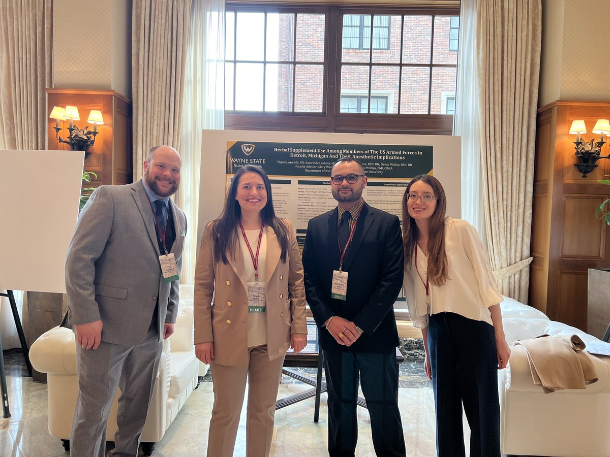 WayneStateNA's tweet photo. Wayne State University PY3 SRNAs, Samrinder Sahota, Eric Simoneaux, Tijana Lozo, and Devan Walley presenting their project and a poster at the @mianaInfo Spring 2023 Conference.  Fantastic conference with a great turnout! @aanacrna #MICHIGANCRNA #SRNA #Anesthesia #NurseAnesthesia https://t.co/qG0TTeTX4I