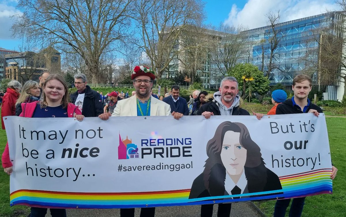 SarahHacker_rdg's tweet photo. It was an honour to represent @Reading_Pride alongside Tom and Michael at the @SaveReadingGaol march today. The turnout was huge and hopefully sends the message that #peoplebeforeprofit is important and Reading deserves the Gaol to be a cultural hub. #rdguk #savereadinggaol #rdg https://t.co/8A4IS9XJmj