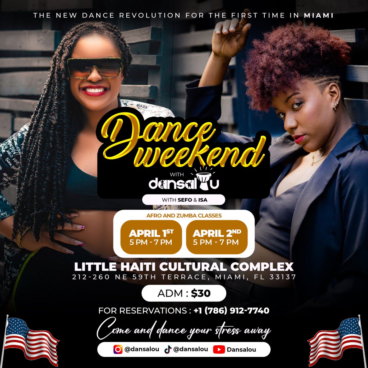 Bringing the DANSALOU ideology to another level , A WHOLE DANCE WEEKEND with Dansalou , for the first time in MIAMI 🇺🇸 1st &amp; 2nd April 2023 from 5pm to 7pm at Little Haiti Cultural Complex , COME AND DANCE YOUR STRESS AWAY with Sefo &amp; Isa😉🔥  For reservations : +1 (786) 912-7740