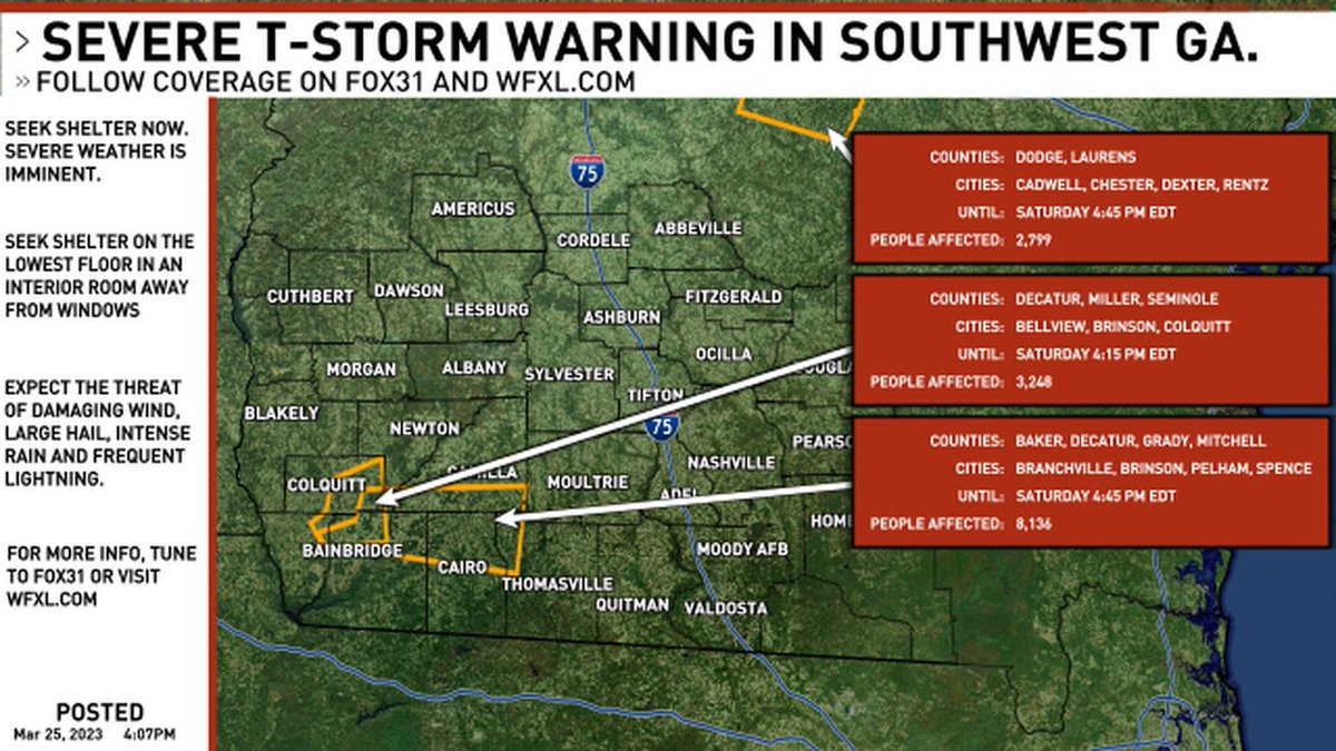 A new SEVERE THUNDERSTORM WARNING has been issued for southwest Georgia. Follow FOX31 News on-air and online for updates. #gawx #swga #gawxcond