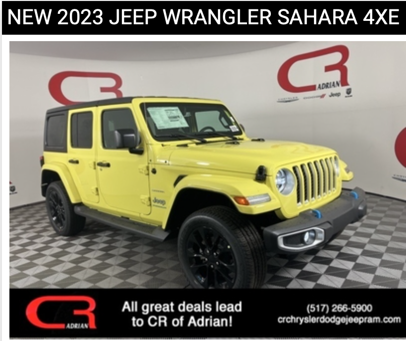 CRofAdrian's tweet photo. Just announced! $1500 ADDITIONAL BONUS CASH on leases and purchases of a new 2023 Jeep Wrangler 4xe.  What color will you choose? See us for complete details. Offers end 3/31/23. We are located in Adrian, Michigan on US-223.  #CRofAdrian https://t.co/TzjmgeSuMI
