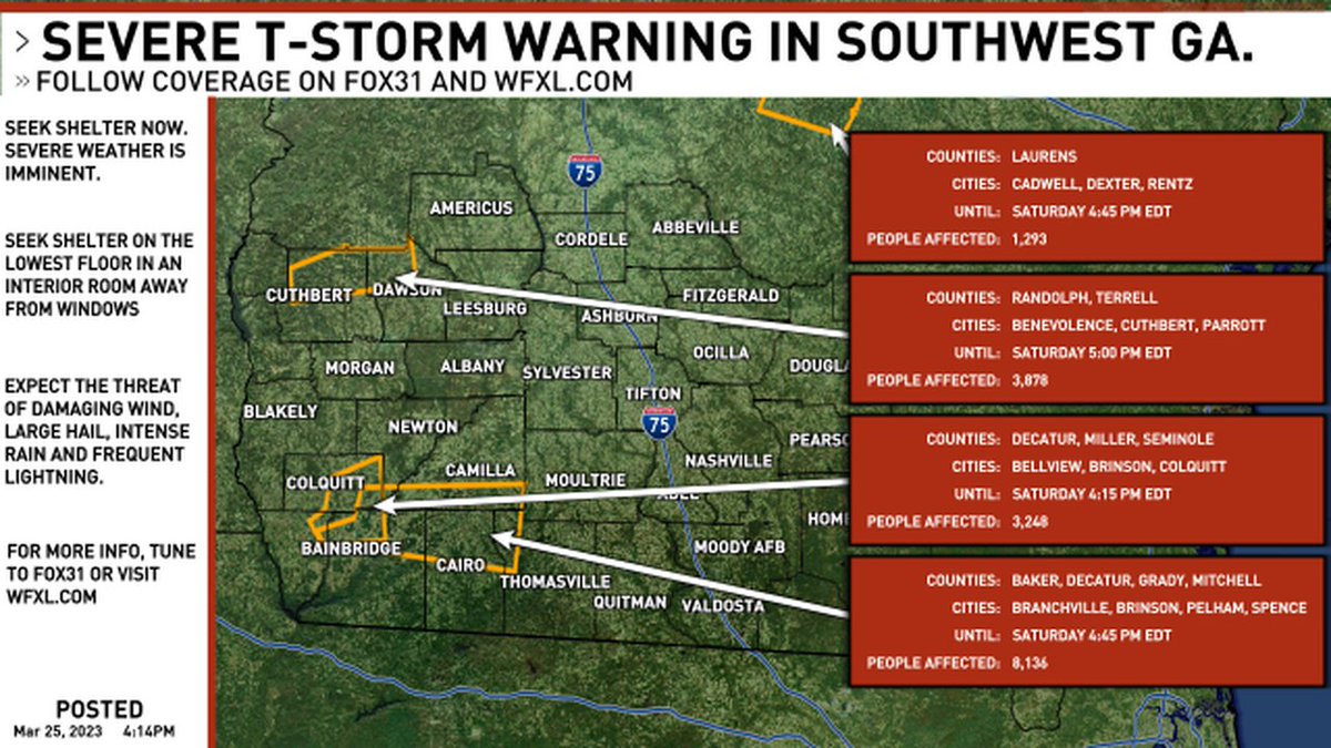 A new SEVERE THUNDERSTORM WARNING has been issued for southwest Georgia. Follow FOX31 News on-air and online for updates. #gawx #swga #gawxcond