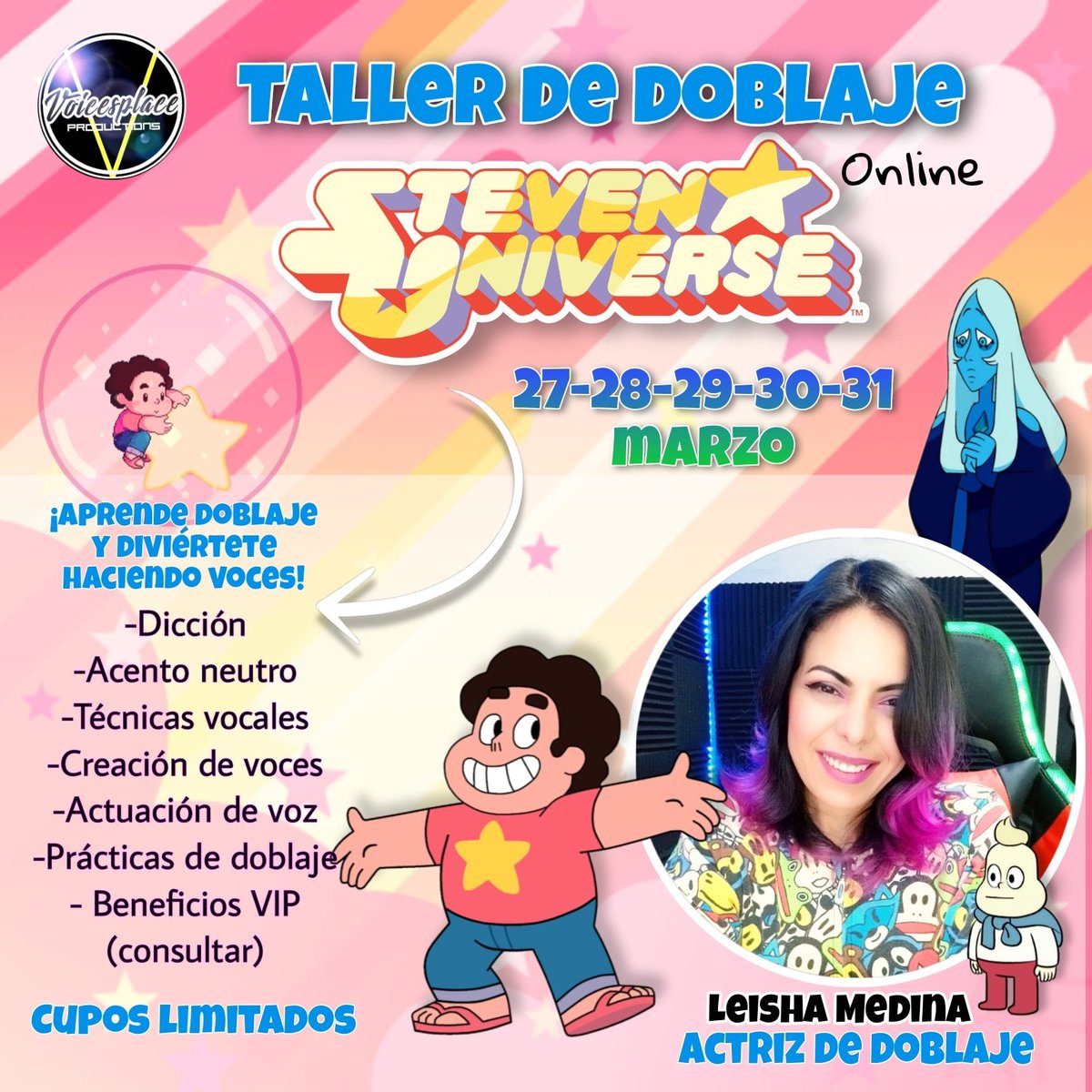 Voicesplace's tweet photo. Taller de doblaje STEVEN UNIVERSE (edición especial) Taller único este 27-28-29-30-31 de marzo. Para más informacion e inscripciónes escribe a nuestro correo 🌟 voicesplaceproductions@gmail.com o a nuestro DM ( mensaje directo) en nuestro Instagram VOICESPLACE 🌟 https://t.co/aXGm2A1xdA