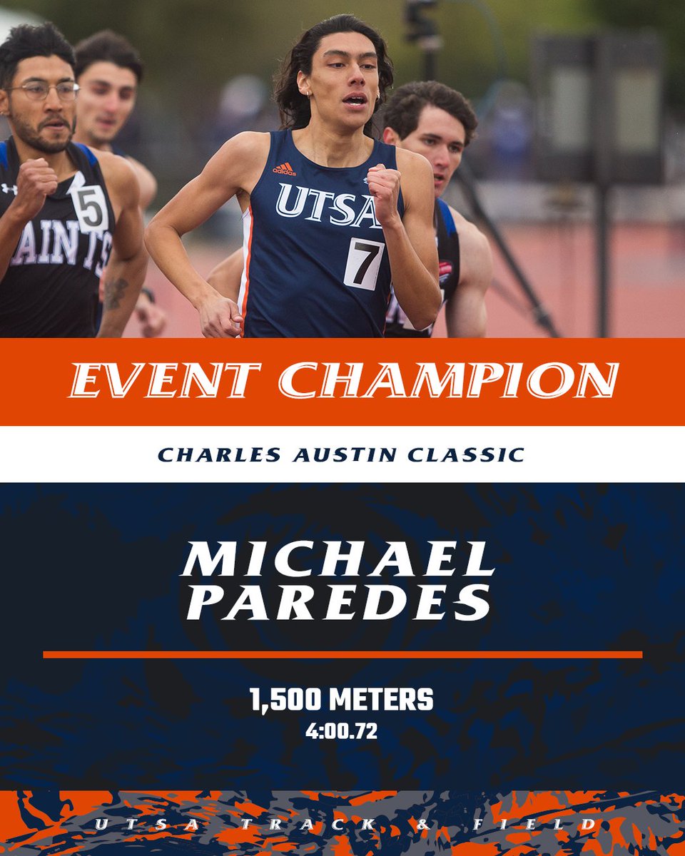 🥇 Michael Paredes picked up UTSA's first win on Saturday with a time of 4:00.72 in the men's 1,500m.

📊 bwraceresults.com/Charles/

#BirdsUp 🤙