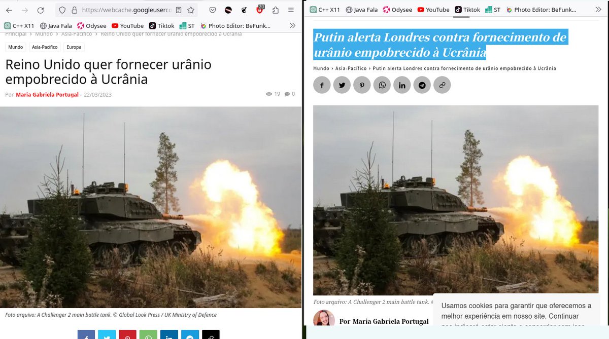 javanunes's tweet image. Vejam como a imprensa é sórdida: A notícia era &quot;Inglaterra quer mandar urânio empobrecido para Ucrânia&quot;
Misteriosamente virou &quot;Putin alerta Londres contra fornecimento de urânio empobrecido à Ucrânia&quot;
Santo #Webarchive e cache!