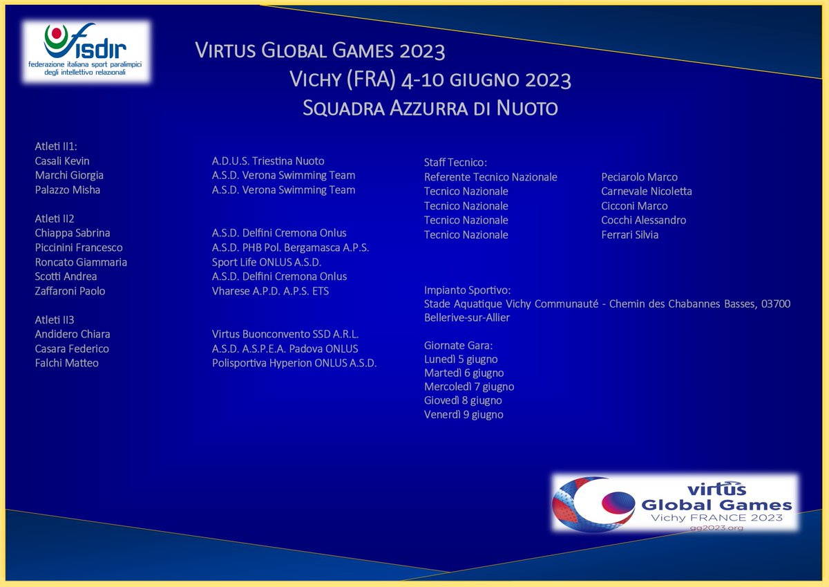 FISDIR's tweet photo. Lista dei convocati (per disciplina) ai @SPORTVirtus #Global #Games 2023 di #Vichy dal 4 al 10 giugno prossimi.
#Fisdir #Sport #intellettivo #relazionali #nazionale #Azzurri #Italia https://t.co/Jfr2SCZY1f