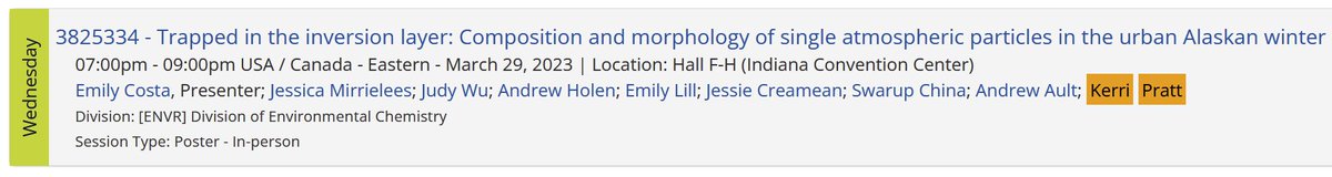 Andy_P_Ault's tweet photo. Also check out talks and posters by our collaborators:

Jin Yan (UNC Surratt Lab @SurrattGoldLab): Talk Weds Afternoon (ENVR)

Emily Cost (@MichiganChem Pratt Lab @ArcticKerri): Poster ENVR (Weds Evening) https://t.co/1MLttjrPs0
