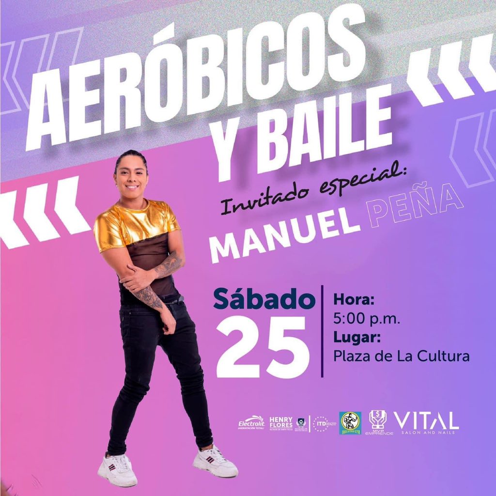 SHARONSALAZAR's tweet photo. Hoy en la Plaza de La Cultura, Paseo El Carmen, acompáñanos a nuestra #SummerMasterClass de aeróbicos.
⏰ 5:00 p.m.
🏃🏻♂️Invitado especial:
Manuel Peña.
¡TOTALMENTE GRATIS! ¡Te esperamos! https://t.co/n7G08ff4Cm